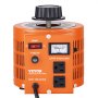 Transformador de voltaje VEVOR, naranja, con medidor analógico, interruptor de encendido y salidas de CA duales.