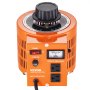 Transformador de voltaje VEVOR naranja con interruptor de encendido, fusible, voltímetro y salidas duales de 120 V.