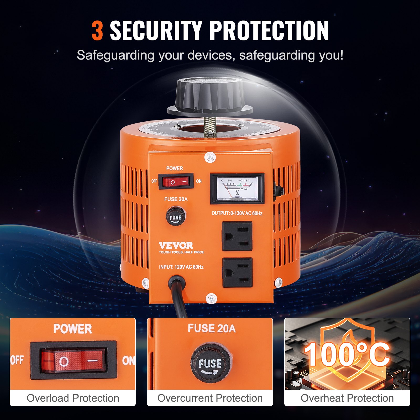 Transformador de voltaje VEVOR naranja que presenta características de protección contra sobrecarga, sobrecorriente y sobrecalentamiento.