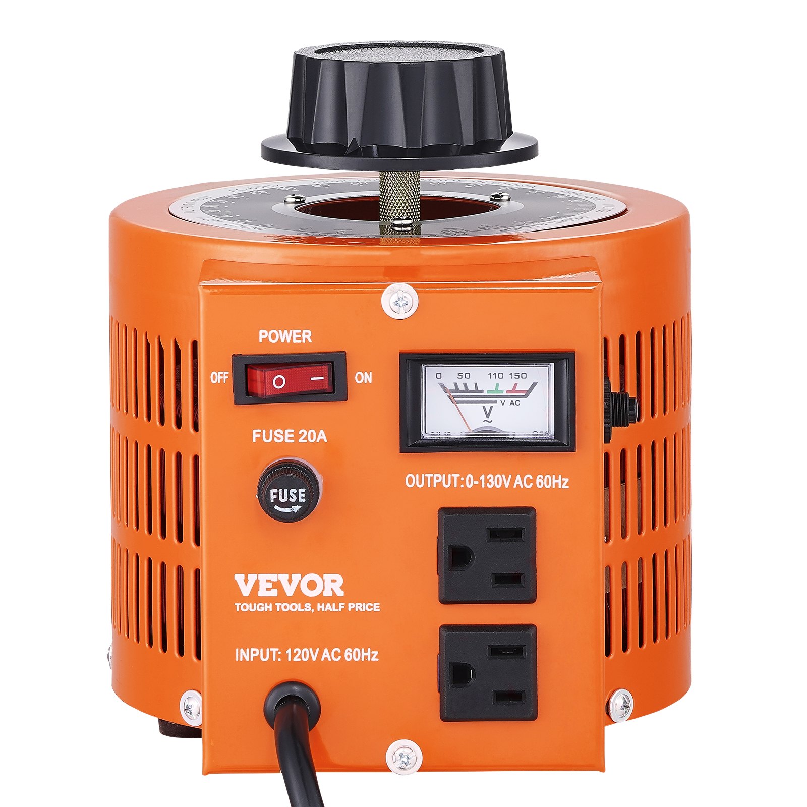 Transformador de voltaje VEVOR, naranja, con medidor analógico, interruptor de encendido y salidas de CA duales.