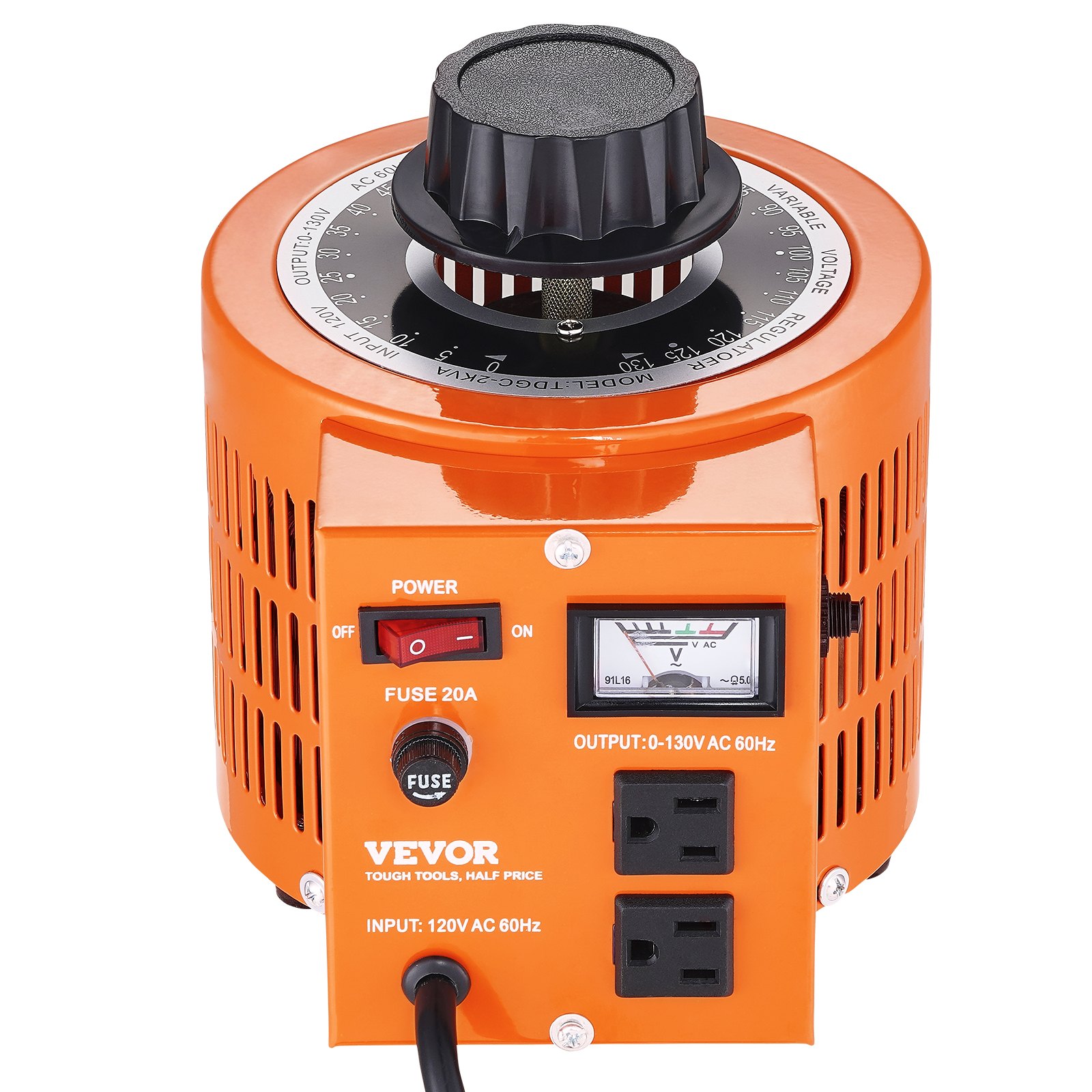 Transformador de voltaje VEVOR naranja con interruptor de encendido, fusible, voltímetro y salidas duales de 120 V.