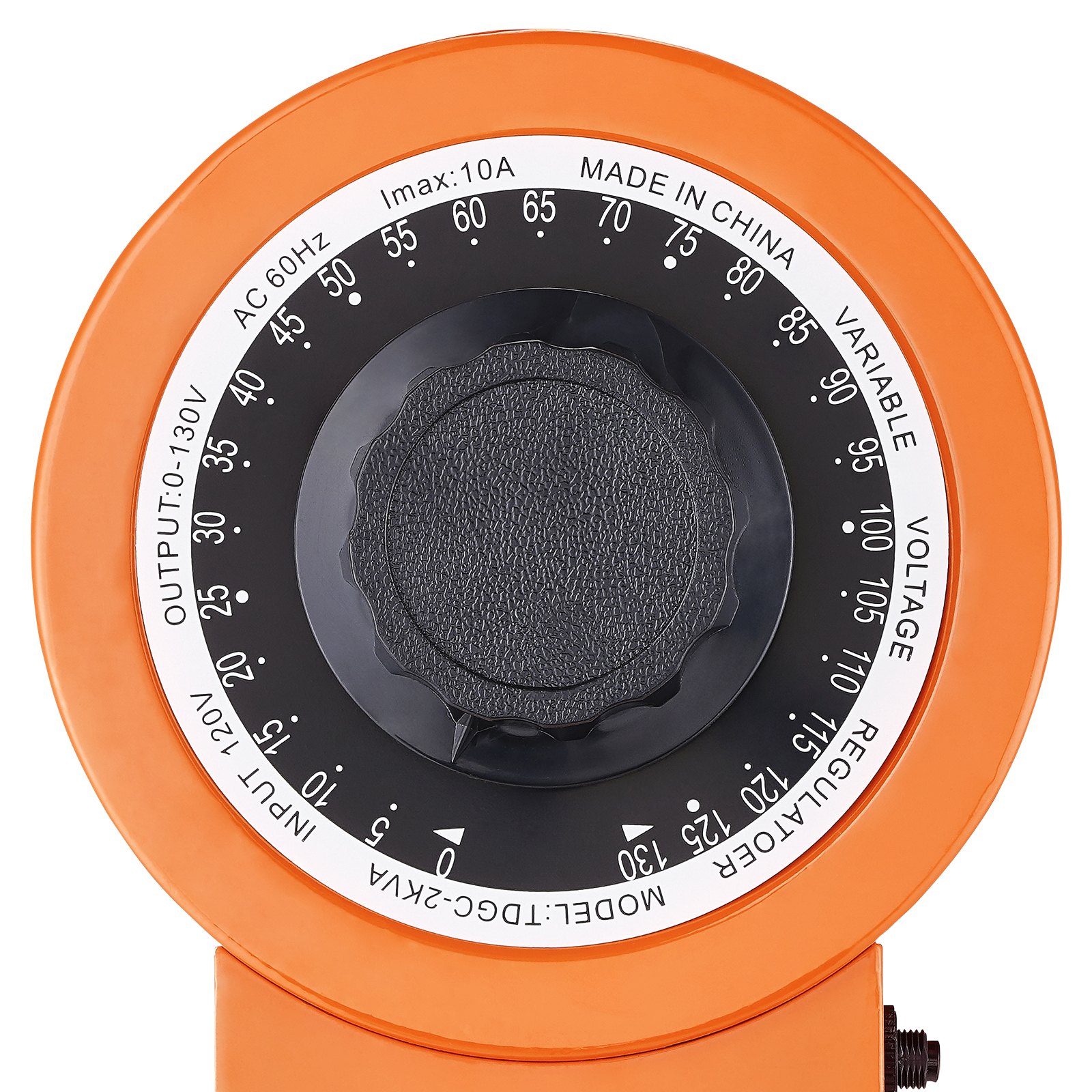 Perilla de transformador de voltaje VEVOR con marcas de rango de voltaje, carcasa naranja y dial de agarre negro.