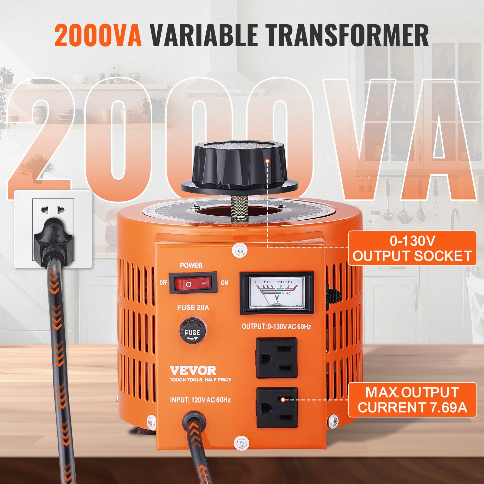 Transformador de voltaje variable automático VEVOR de 2000 VA, 15,3 A, entrada de 110 V, salida de 0-130 V, fuente de alimentación con regulador de voltaje de CA, con 4 fusibles adicionales e interruptor de control térmico para el hogar, la industria y la oficina.