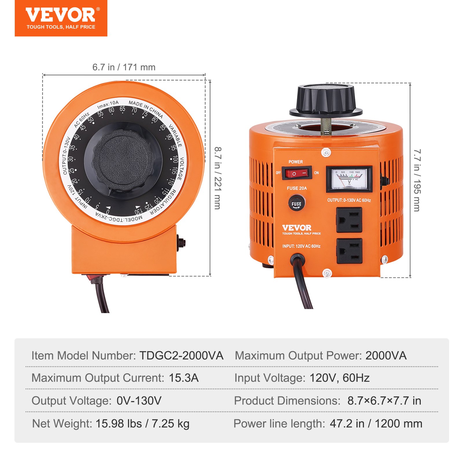 Transformador de voltaje variable automático VEVOR de 2000 VA, 15,3 A, entrada de 110 V, salida de 0-130 V, fuente de alimentación con regulador de voltaje de CA, con 4 fusibles adicionales e interruptor de control térmico para el hogar, la industria y la oficina.
