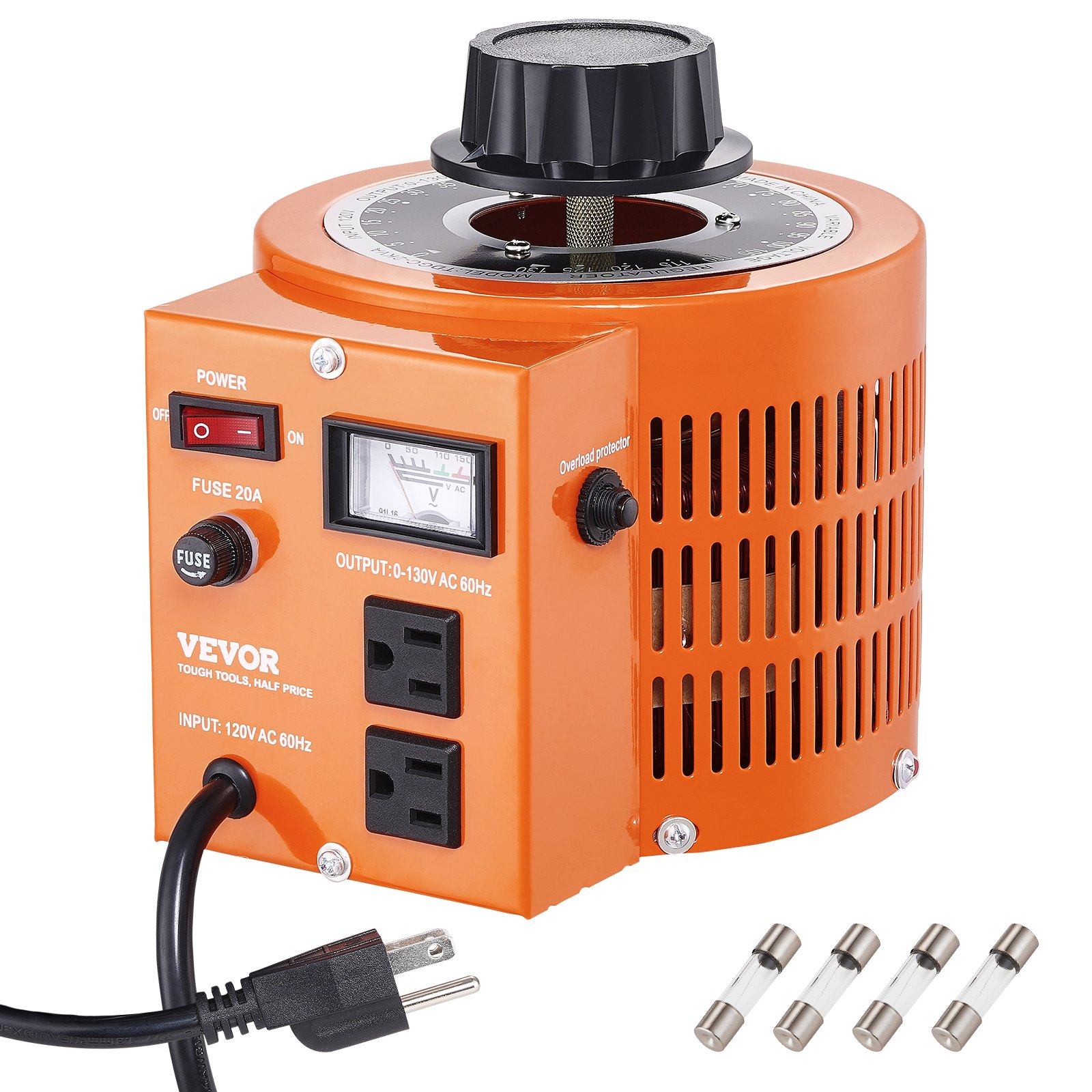 Transformador de voltaje variable automático VEVOR de 2000 VA, 15,3 A, entrada de 110 V, salida de 0-130 V, fuente de alimentación con regulador de voltaje de CA, con 4 fusibles adicionales e interruptor de control térmico para el hogar, la industria y la oficina.