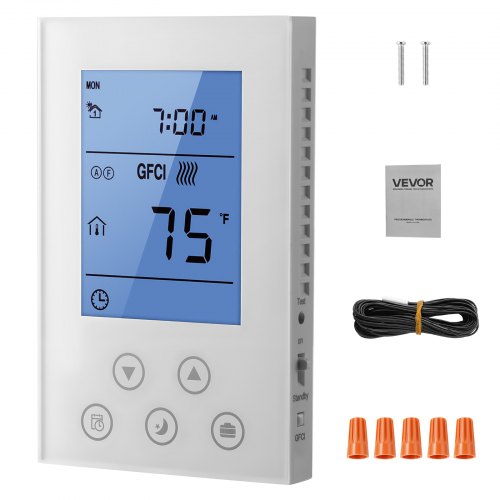 Termostato programable VEVOR de 7 días, termostato para el hogar compatible con calefacción radiante por suelo, bomba de calor, interruptor diferencial integrado y sensor de alta sensibilidad, pantalla LED retroiluminada, bajo consumo, blanco