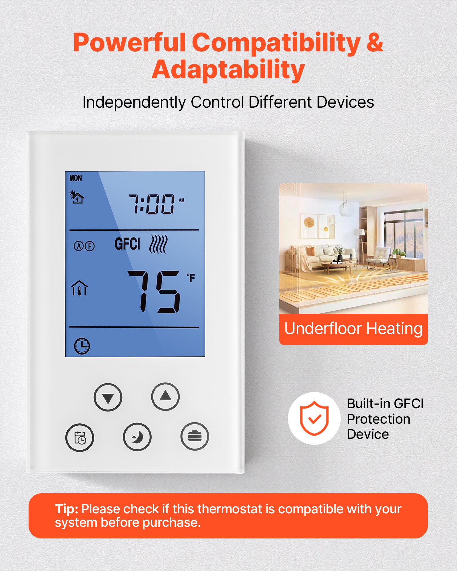 Termostato programable VEVOR de 7 días, termostato para el hogar compatible con calefacción radiante por suelo, bomba de calor, interruptor diferencial integrado y sensor de alta sensibilidad, pantalla LED retroiluminada, bajo consumo, blanco