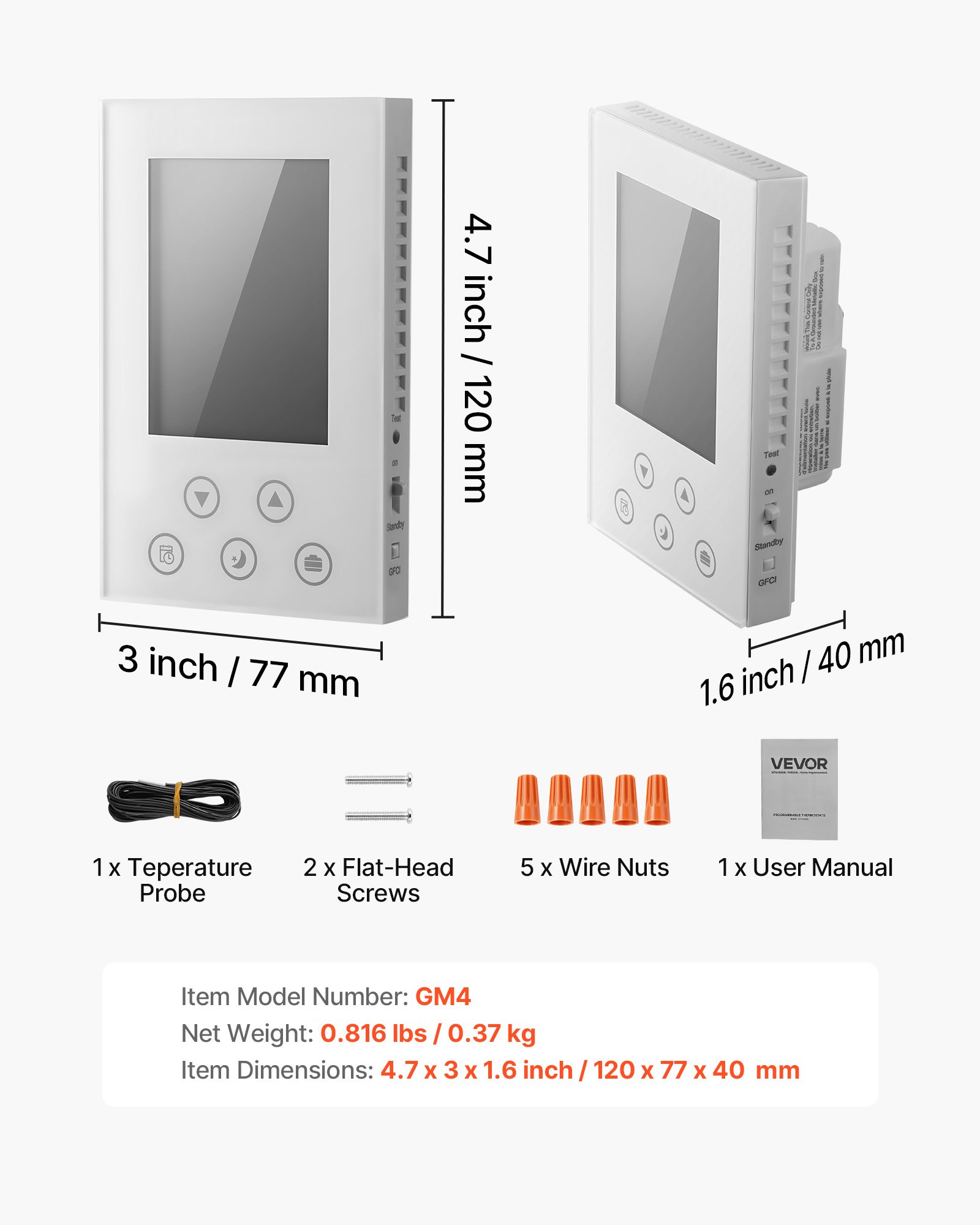 Termostato programable VEVOR de 7 días, termostato para el hogar compatible con calefacción radiante por suelo, bomba de calor, interruptor diferencial integrado y sensor de alta sensibilidad, pantalla LED retroiluminada, bajo consumo, blanco
