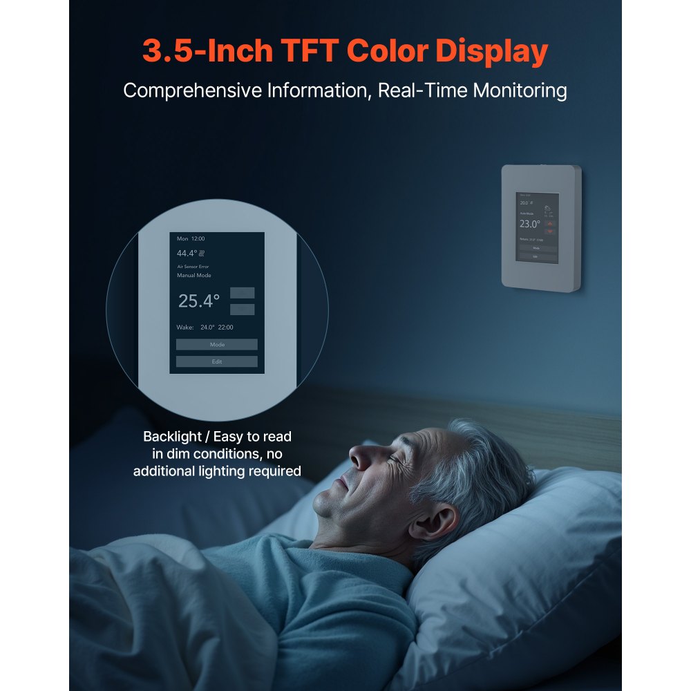 Termostato programable VEVOR de 7 días para calefacción por suelo radiante, bomba de calor con GFCI y sensor sensible, pantalla táctil TFT a color, eficiente, gris-blanco (sin wifi).