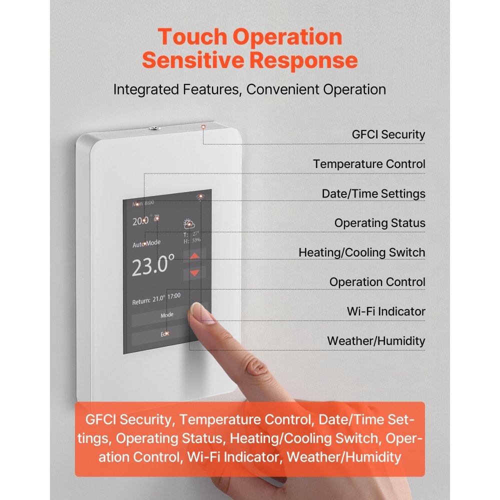 Termostato programable VEVOR de 7 días para calefacción por suelo radiante, bomba de calor con GFCI y sensor sensible, pantalla táctil TFT a color, eficiente, gris-blanco (sin wifi).