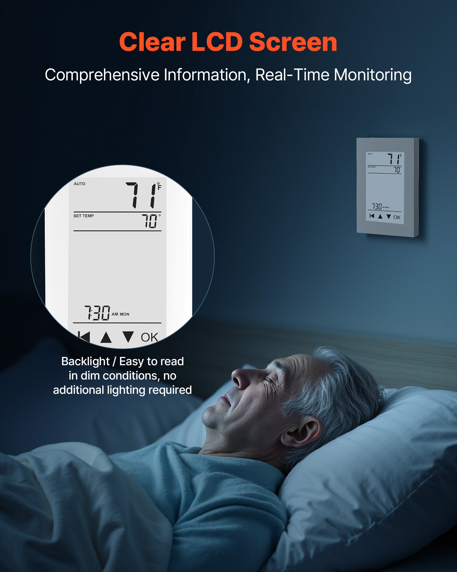 Termostato programable VEVOR de 7 días para calefacción por suelo radiante, con cable y bomba de calor, con GFCI y sensor sensible, pantalla táctil LCD, de bajo consumo, gris-blanco (sin wifi)