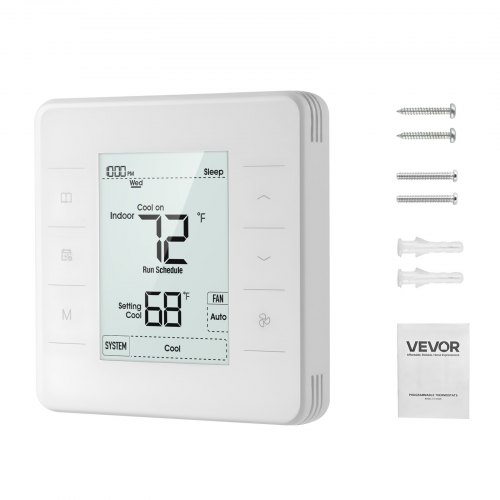 Termostato programable VEVOR de 7 días, termostato para el hogar compatible con bombas de calor, aires acondicionados y calefacción por suelo radiante. Pantalla LED retroiluminada, 1 modo frío + 1 modo calor. Eficiencia energética, amplio rango de temperatura. Color blanco.