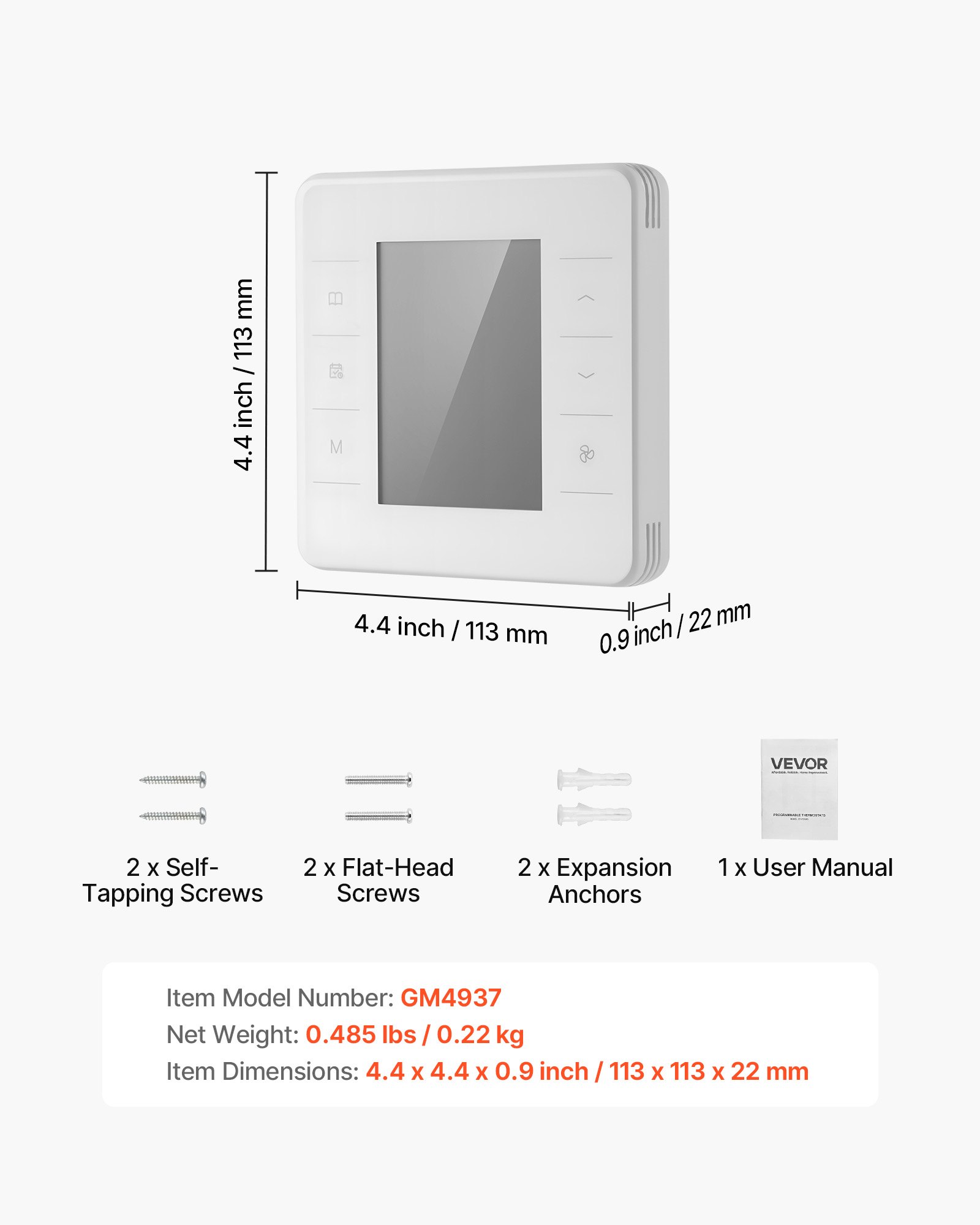 Termostato programable VEVOR de 7 días, termostato para el hogar compatible con bombas de calor, aires acondicionados y calefacción por suelo radiante. Pantalla LED retroiluminada, 1 modo frío + 1 modo calor. Eficiencia energética, amplio rango de temperatura. Color blanco.