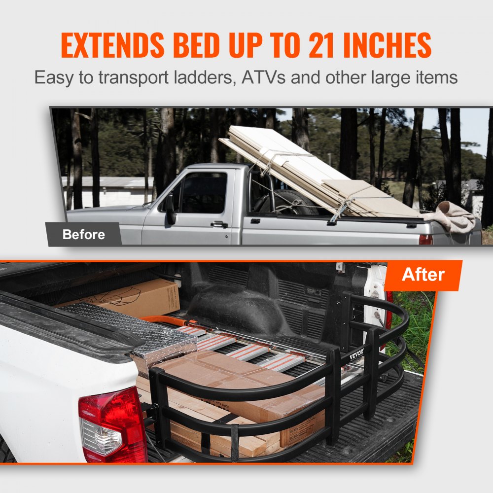 Extensor de caja de camioneta VEVOR, extensor de portón trasero retráctil de aluminio, longitud ajustable de 51.6" a 64", compatible con Ridgeline, Tacoma, Gladiator, Colorado/Canyon, Frontier y Ranger.