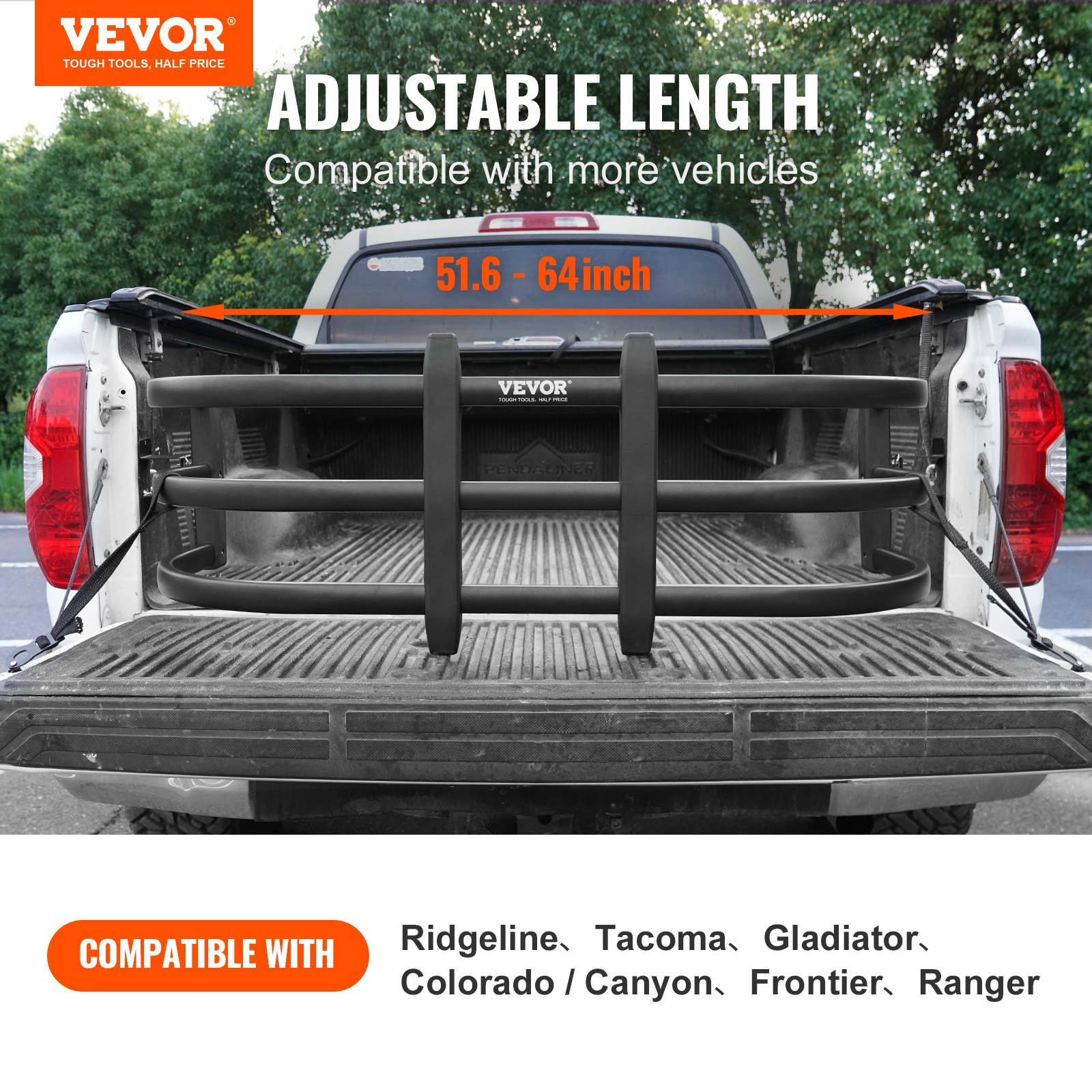 Extensor de caja de camioneta VEVOR, extensor de portón trasero retráctil de aluminio, longitud ajustable de 51.6" a 64", compatible con Ridgeline, Tacoma, Gladiator, Colorado/Canyon, Frontier y Ranger.