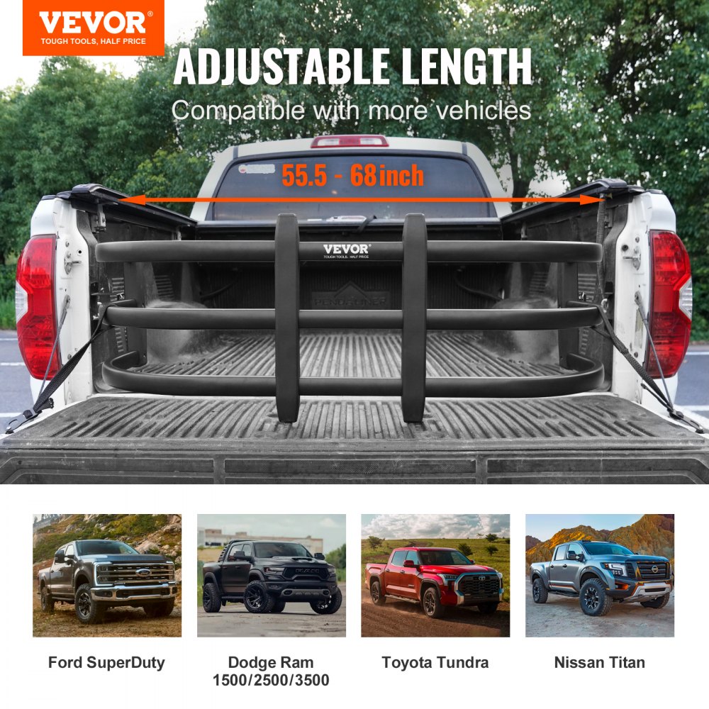 Extensor de caja de camioneta VEVOR, extensor de portón trasero retráctil de aluminio, 55.5"-68", compatible con Ford Super Duty, F150, Dodge Ram 1500/2500/3500, Toyota Tundra, Nissan Titan, Chevrolet Silverado, GMC Sierra.
