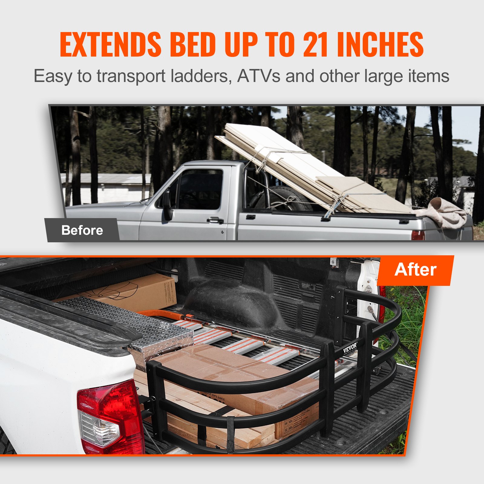 Extensor de caja de camioneta VEVOR, extensor de portón trasero retráctil de aluminio, 55.5"-68", compatible con Ford Super Duty, F150, Dodge Ram 1500/2500/3500, Toyota Tundra, Nissan Titan, Chevrolet Silverado, GMC Sierra.