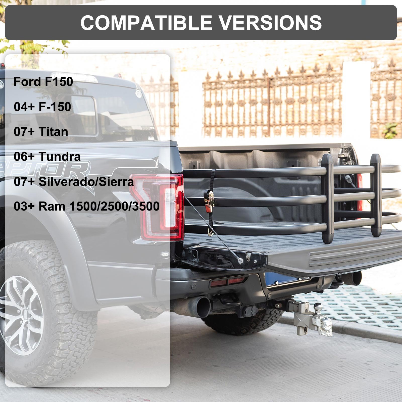Extensor de caja de camioneta VEVOR conectado a una camioneta, que muestra la lista de compatibilidad.