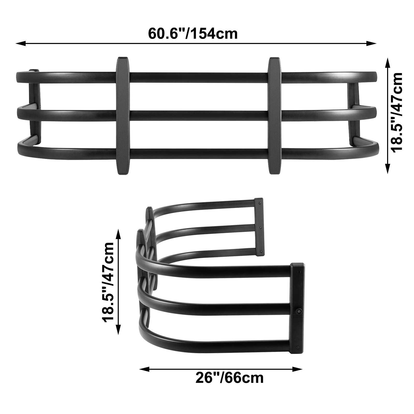 Extensor de caja de camioneta VEVOR, 60,6&quot; x 18,5&quot;, metal negro con medidas en pulgadas/cm.
