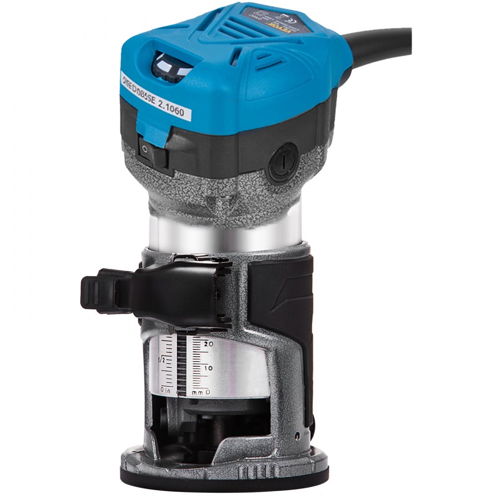 Fresadora compacta VEVOR con tope de profundidad ajustable y carcasa superior azul.