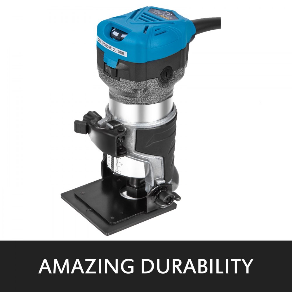 Enrutador compacto VEVOR con cuerpo azul y plateado, que muestra una durabilidad increíble.