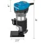 Enrutador compacto VEVOR, 2,5&quot; x 4&quot; x 8&quot;, diseño negro y verde azulado con abrazadera ajustable.