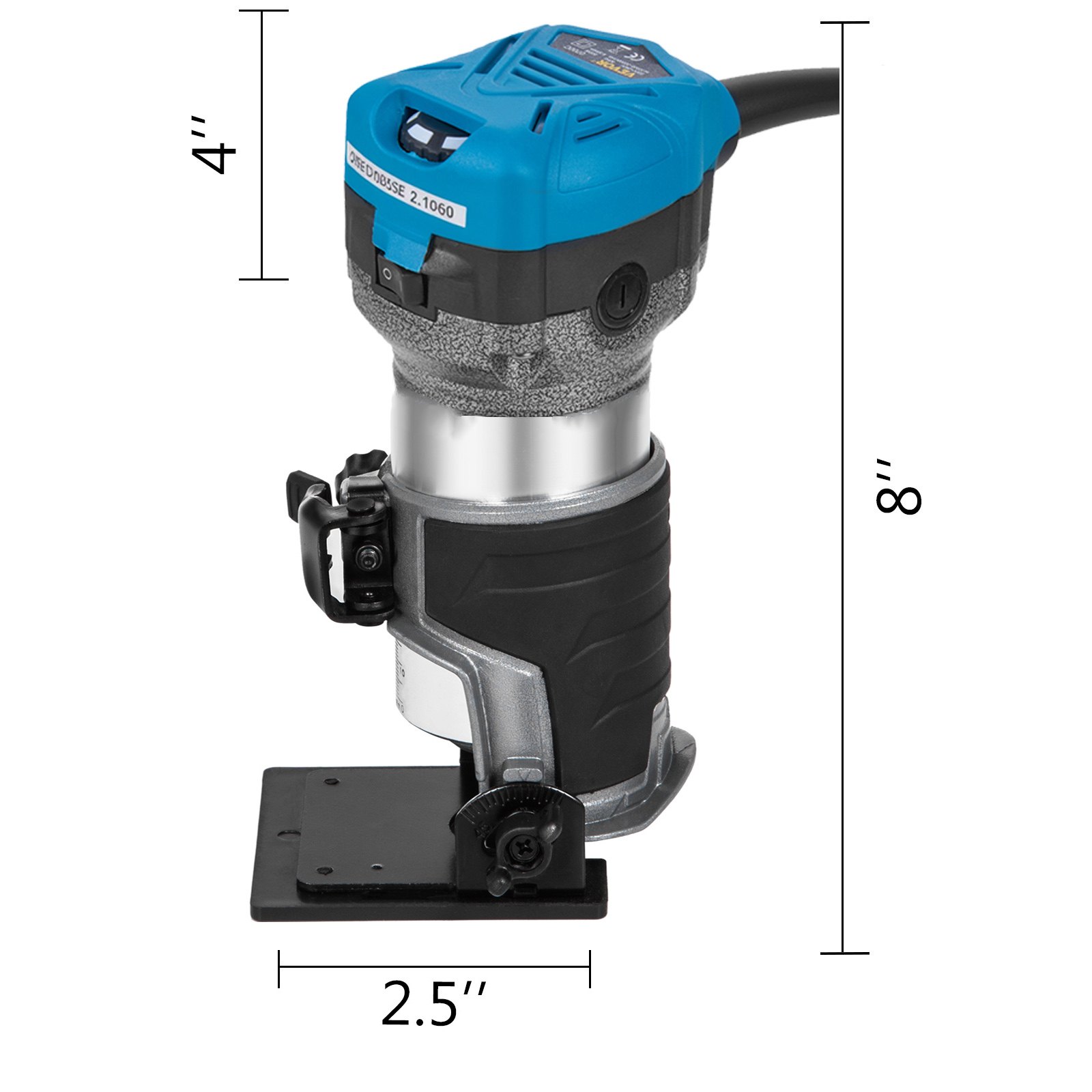 Enrutador compacto VEVOR, 2,5&quot; x 4&quot; x 8&quot;, diseño negro y verde azulado con abrazadera ajustable.