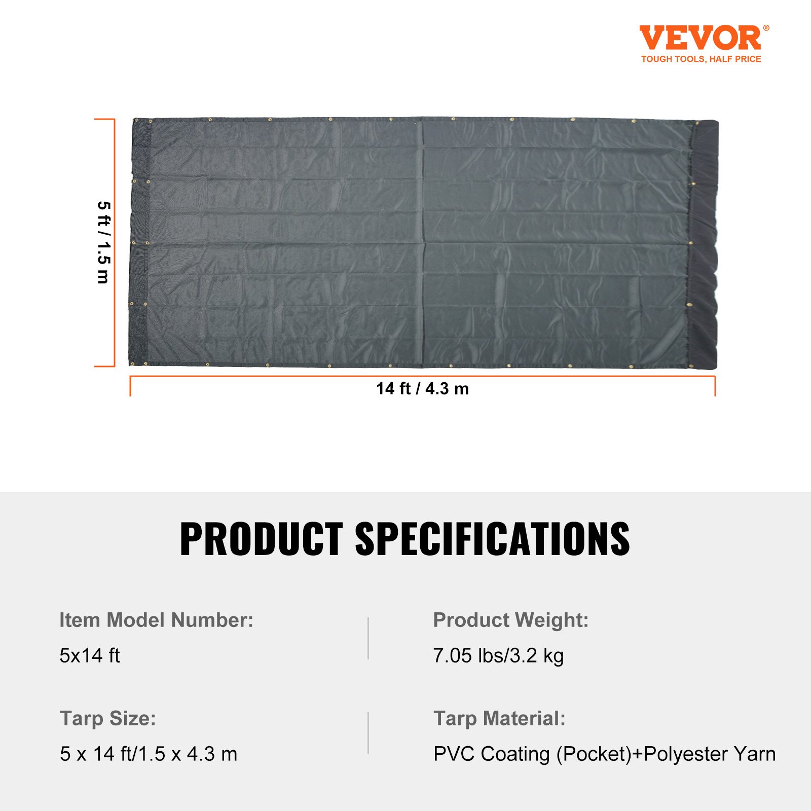 VEVOR Lona de malla para camión volquete, 5 x 14 pies, cubierta resistente negra recubierta de PVC con doble bolsillo de 5.5" 18 oz, ojales de latón, correas reforzadas con doble costura para sistema