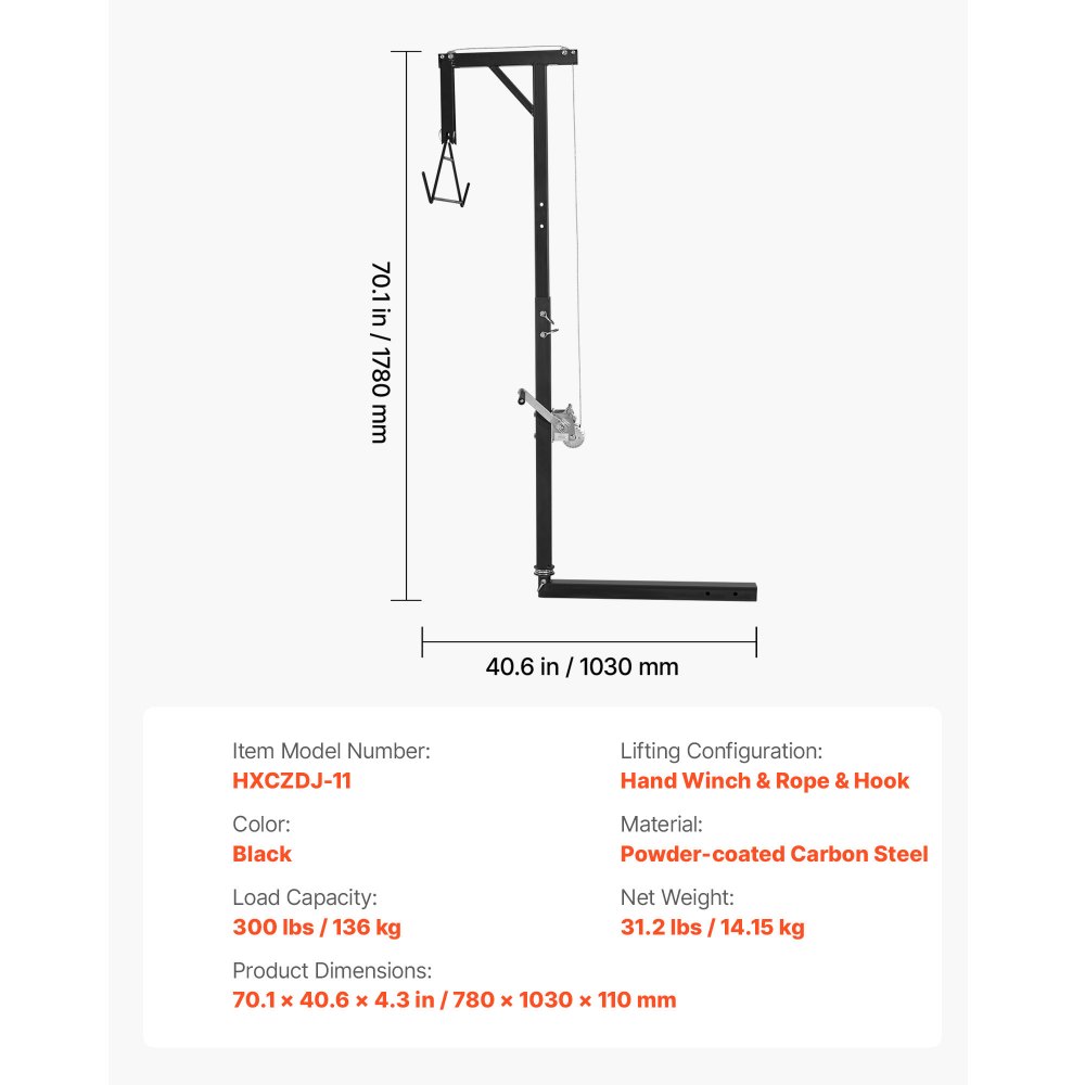 VEVOR - Polipasto de enganche para camión, capacidad de carga de 300 lb, polipasto para caza de ciervos con receptor de 2 pulgadas, eje giratorio de 360 grados y altura ajustable, incluye cabrestante Gambrel para desollar y limpiar la presa