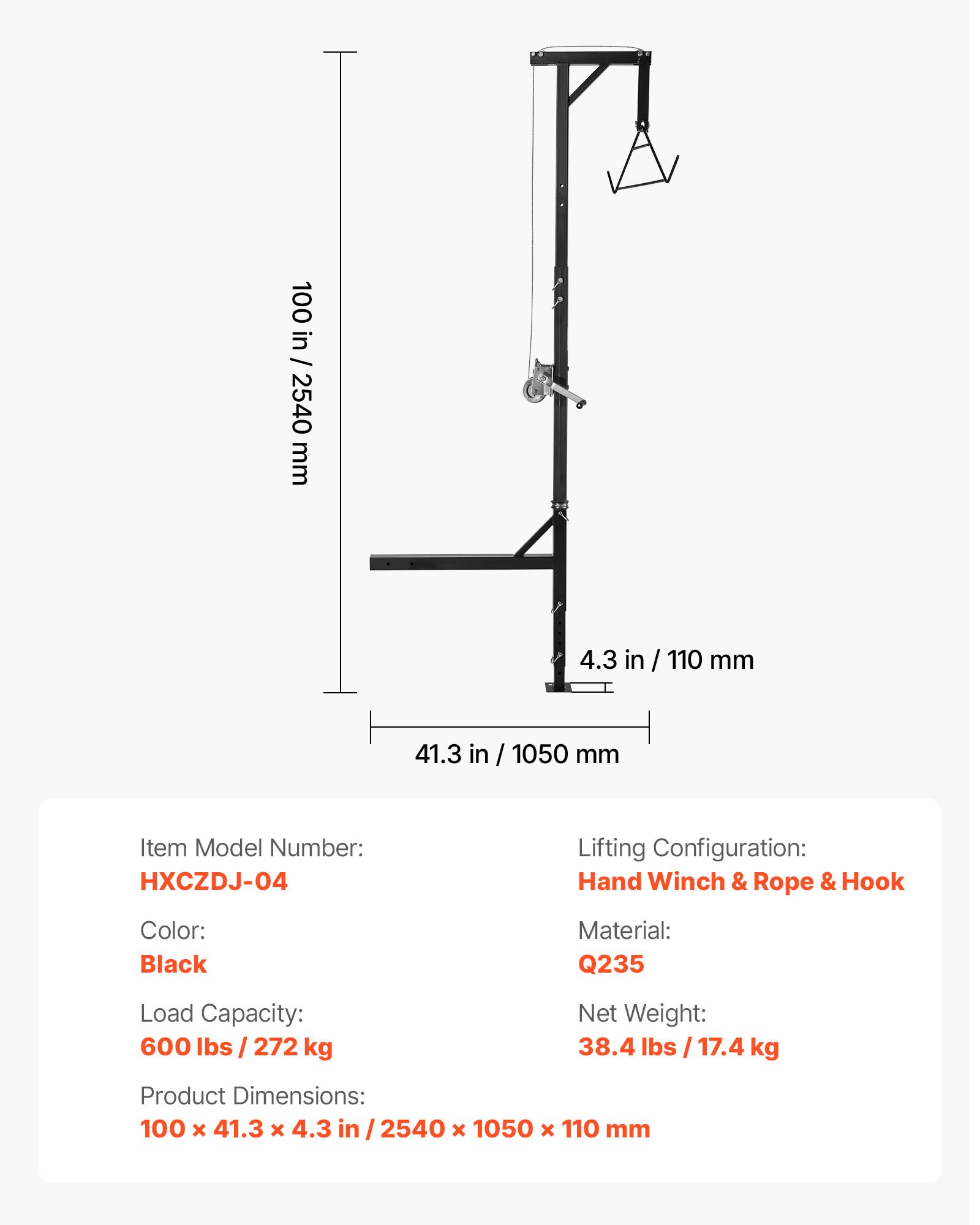 Elevador de caza VEVOR para enganche de camión, capacidad de carga de 272 kg, elevador para ciervos con receptor de 5 cm, eje giratorio de 360 grados y altura ajustable, incluye cabrestante para desollar y limpiar la pieza.