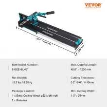 VEVOR Cortador manual de azulejos, 48 ​​pulgadas, cortador de azulejos de cerámica de porcelana con rueda de corte de carburo de tungsteno, posicionamiento por infrarrojos, pies antideslizantes, rieles duraderos para instaladores profesionales o principiantes