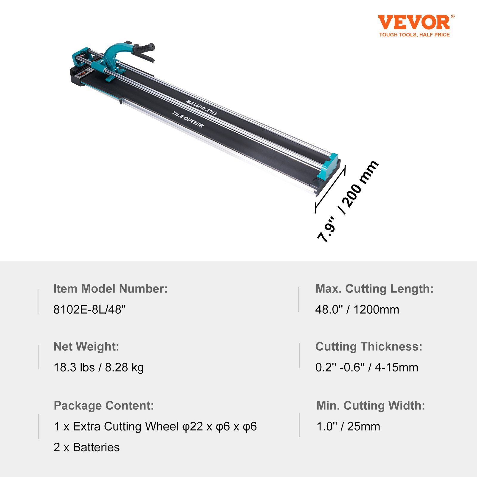 VEVOR Cortador manual de azulejos, 48 ​​pulgadas, cortador de azulejos de cerámica de porcelana con rueda de corte de carburo de tungsteno, posicionamiento por infrarrojos, pies antideslizantes, rieles dobles para instaladores profesionales o principiantes