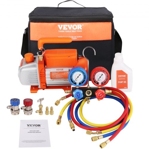 VEVOR 1/4 HP 4.5 CFM AC Bomba de vacío y juego de manómetro, paleta rotativa de una sola etapa HVAC bomba de vacío de aire A/C kit de refrigerante conjunto de manómetro, con bolsa de transporte de man