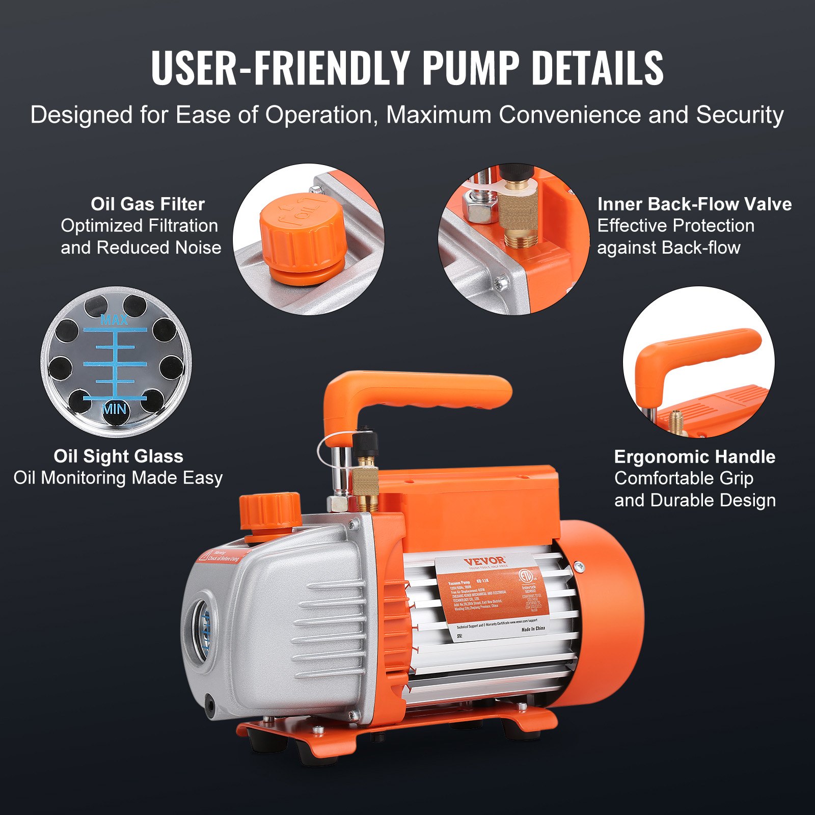 VEVOR 1/4 HP 4.5 CFM AC Bomba de vacío y juego de manómetro, paleta rotativa de una sola etapa HVAC bomba de vacío de aire A/C kit de refrigerante conjunto de manómetro, con bolsa de transporte de man