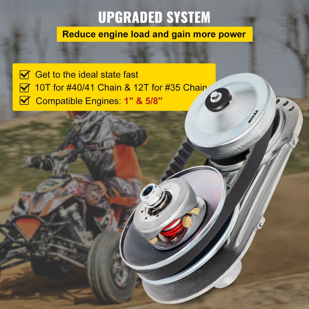 Kit convertidor de par para kart VEVOR con especificaciones resaltadas y conductor en el fondo.