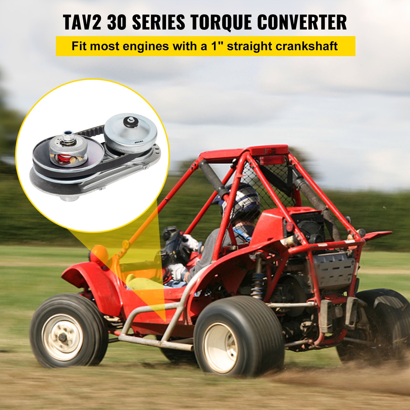 Kart rojo circulando sobre césped con un kit convertidor de par para karts VEVOR.