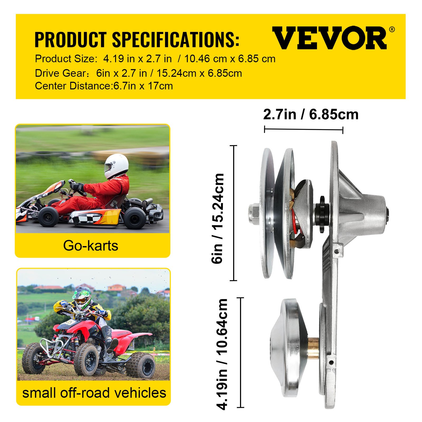Kit convertidor de par para karts VEVOR para karts y pequeños vehículos todoterreno con dimensiones.