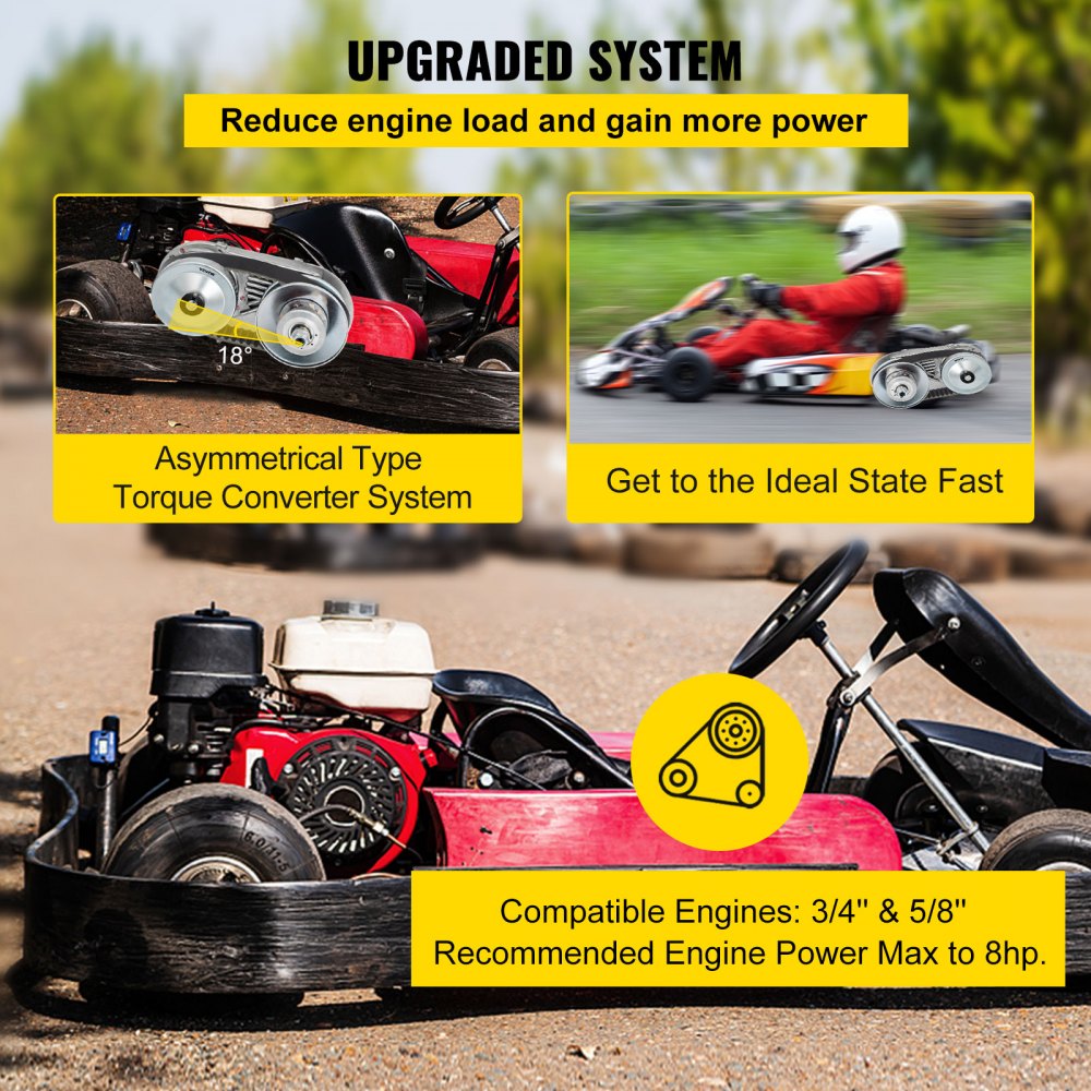 Kit convertidor de par para kart VEVOR con sistema asimétrico y detalles del motor.