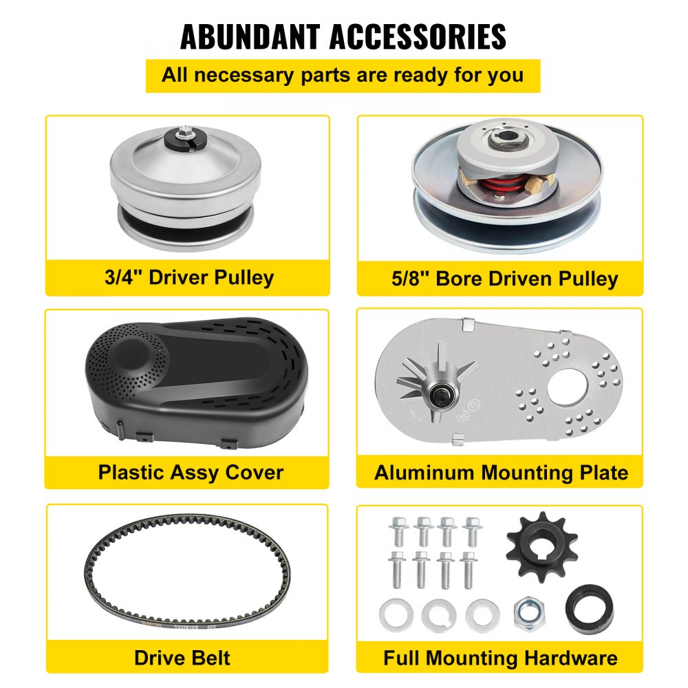 Kit convertidor de par para kart VEVOR con poleas, cubierta, placa, correa y hardware.
