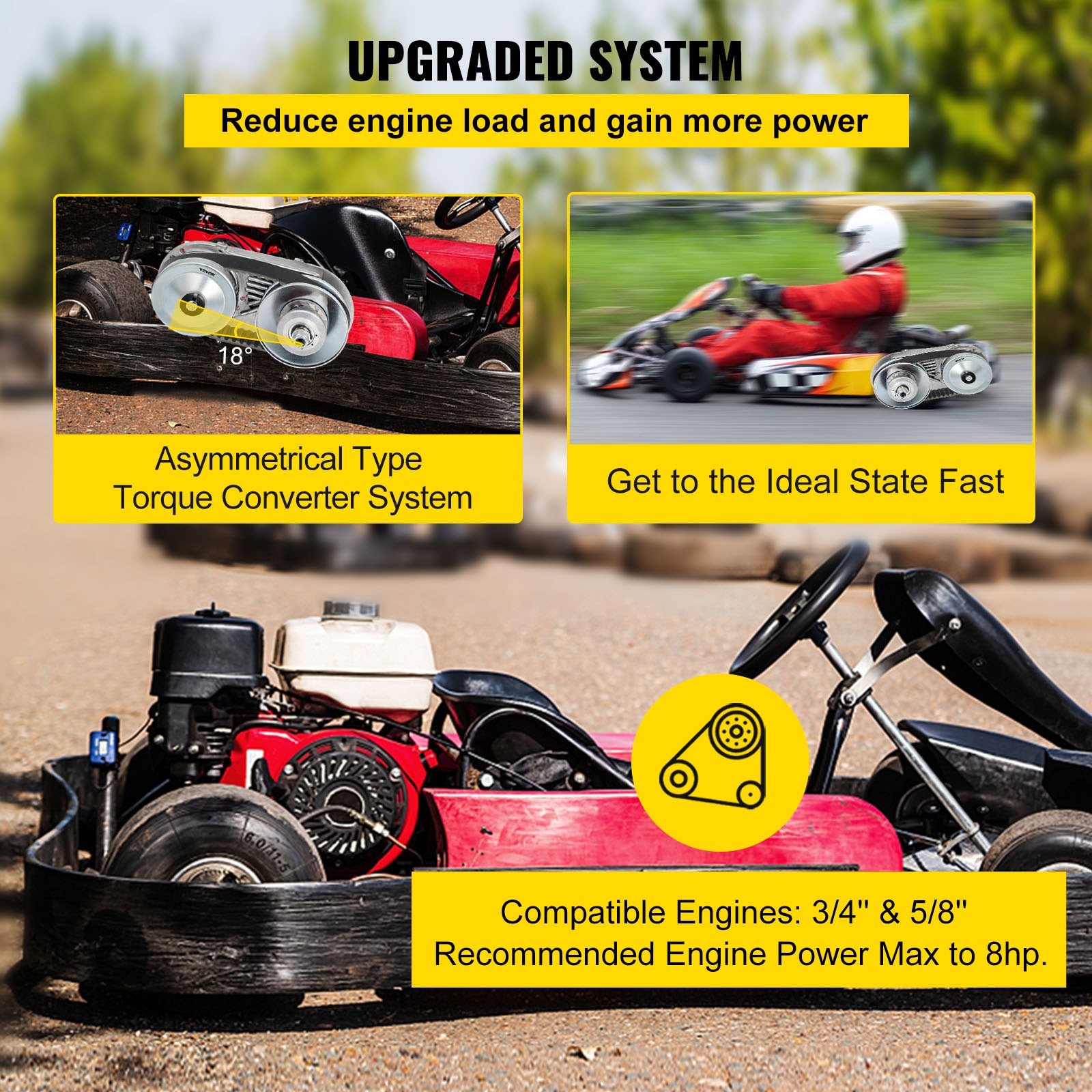 Kit convertidor de par para kart VEVOR con sistema asimétrico y detalles del motor.