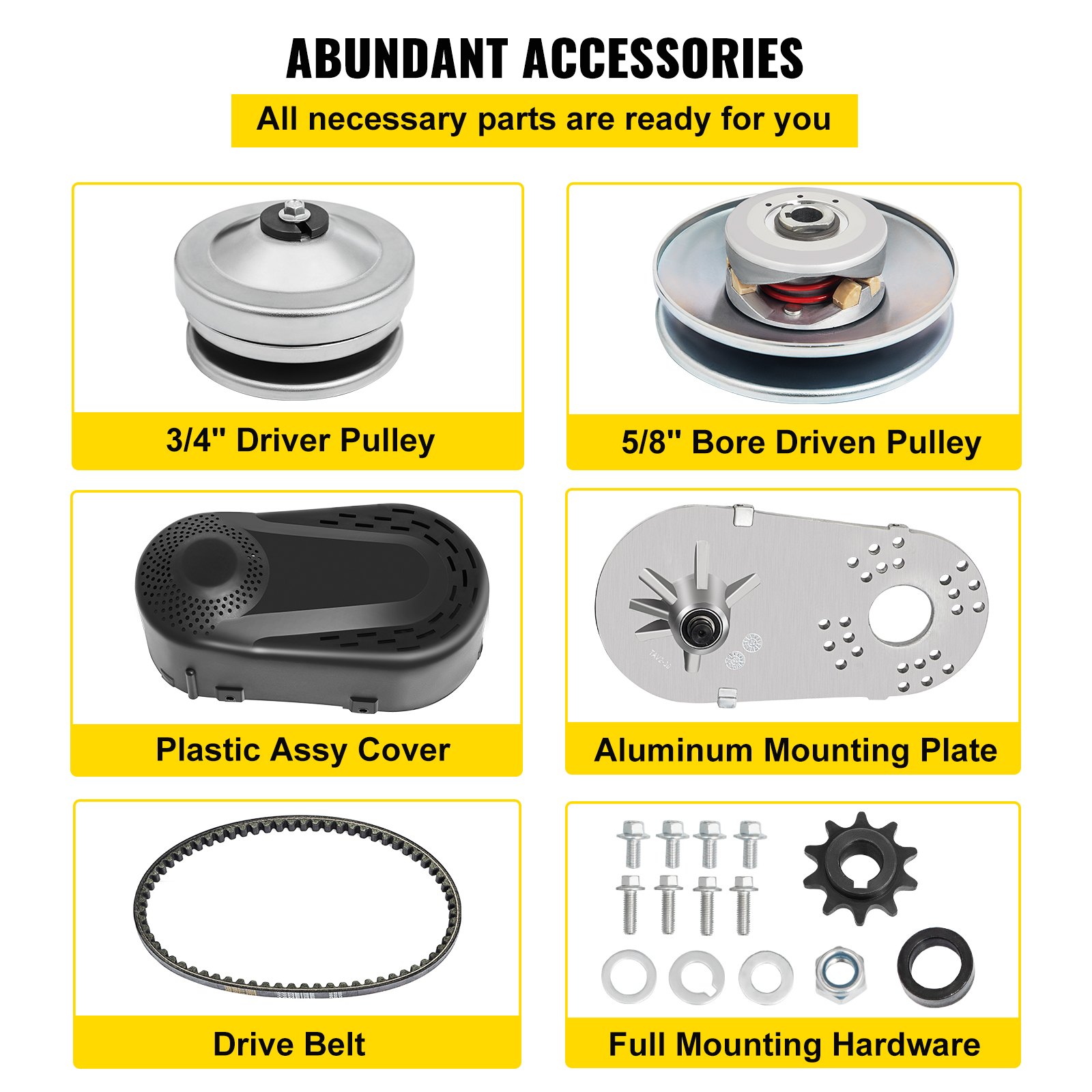 Kit convertidor de par para kart VEVOR con poleas, cubierta, placa, correa y hardware.