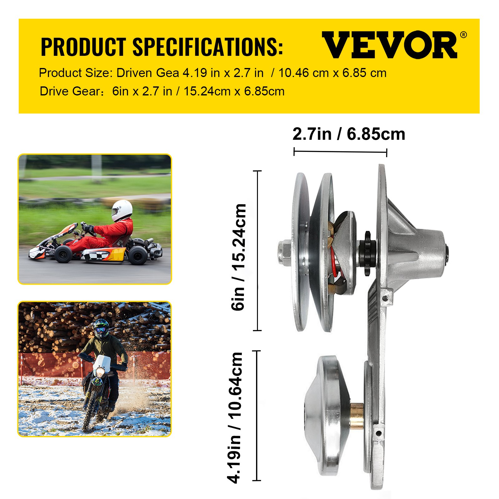 Especificaciones del kit convertidor de par para karts VEVOR con medidas e imágenes del producto.