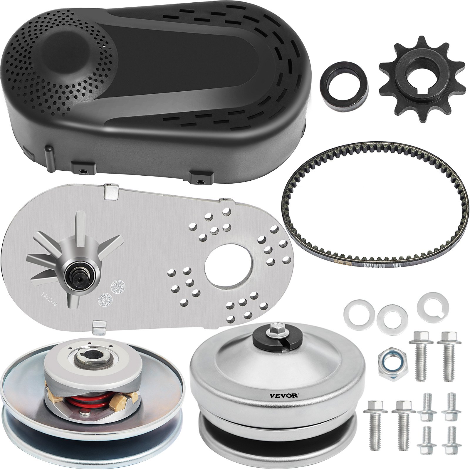 Componentes del kit convertidor de par para karts VEVOR, que incluye correa, piñón y hardware.