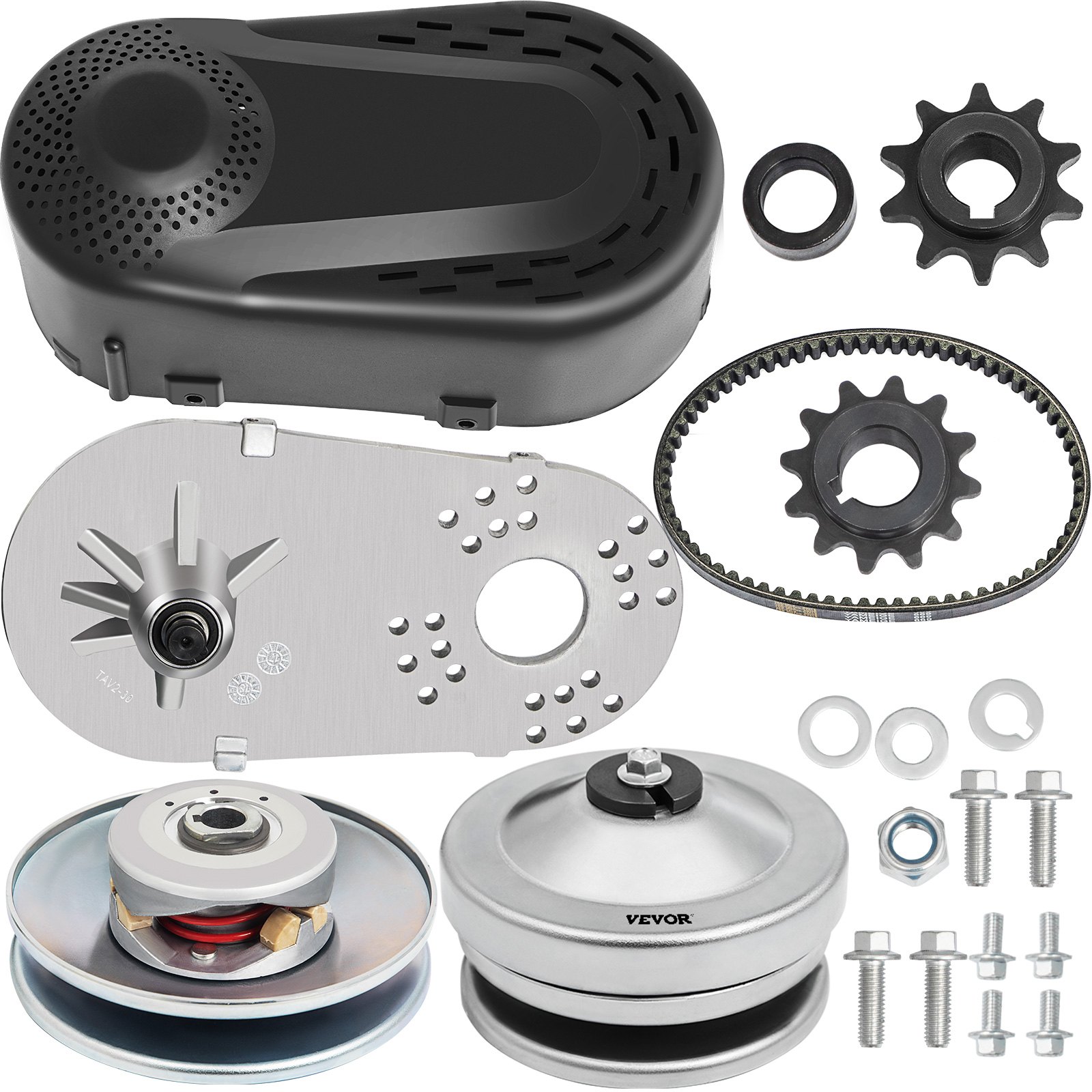 Kit convertidor de par VEVOR con correa, piñones y componentes de hardware.