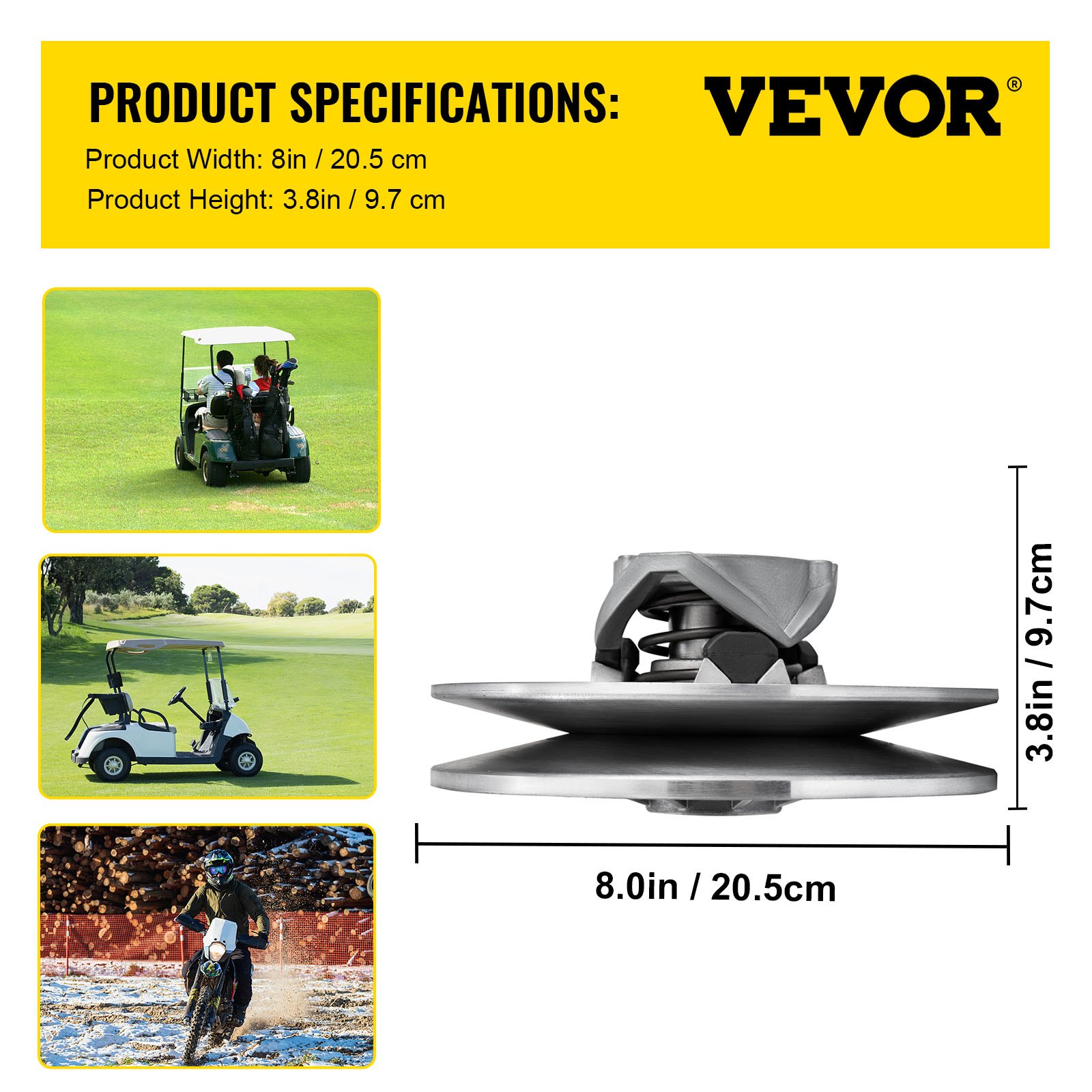 Especificaciones del producto de embrague para carrito de golf VEVOR con imágenes de carritos y motocicletas.