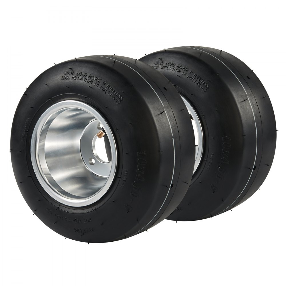 Dos neumáticos de kart VEVOR negros, sin cámara, con llantas plateadas y una banda de rodadura suave y elegante.