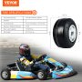 Neumáticos para karts VEVOR, especificaciones, dimensiones y capacidad de carga máxima con una imagen de un kart en acción.