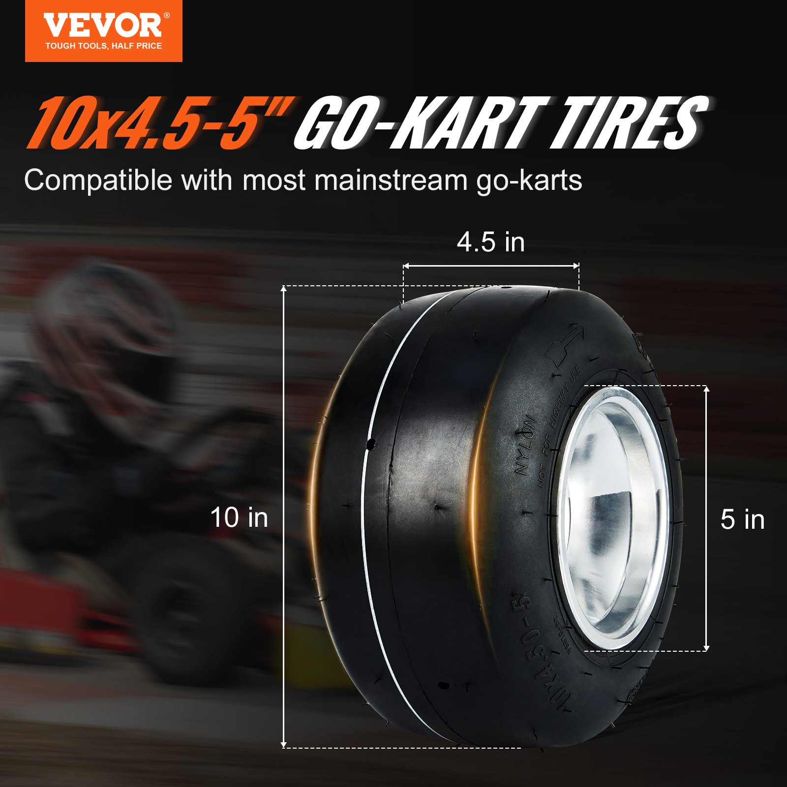 Neumáticos para karts VEVOR 10x4,5-5&quot; con dimensiones resaltadas; compatibles con los karts convencionales.