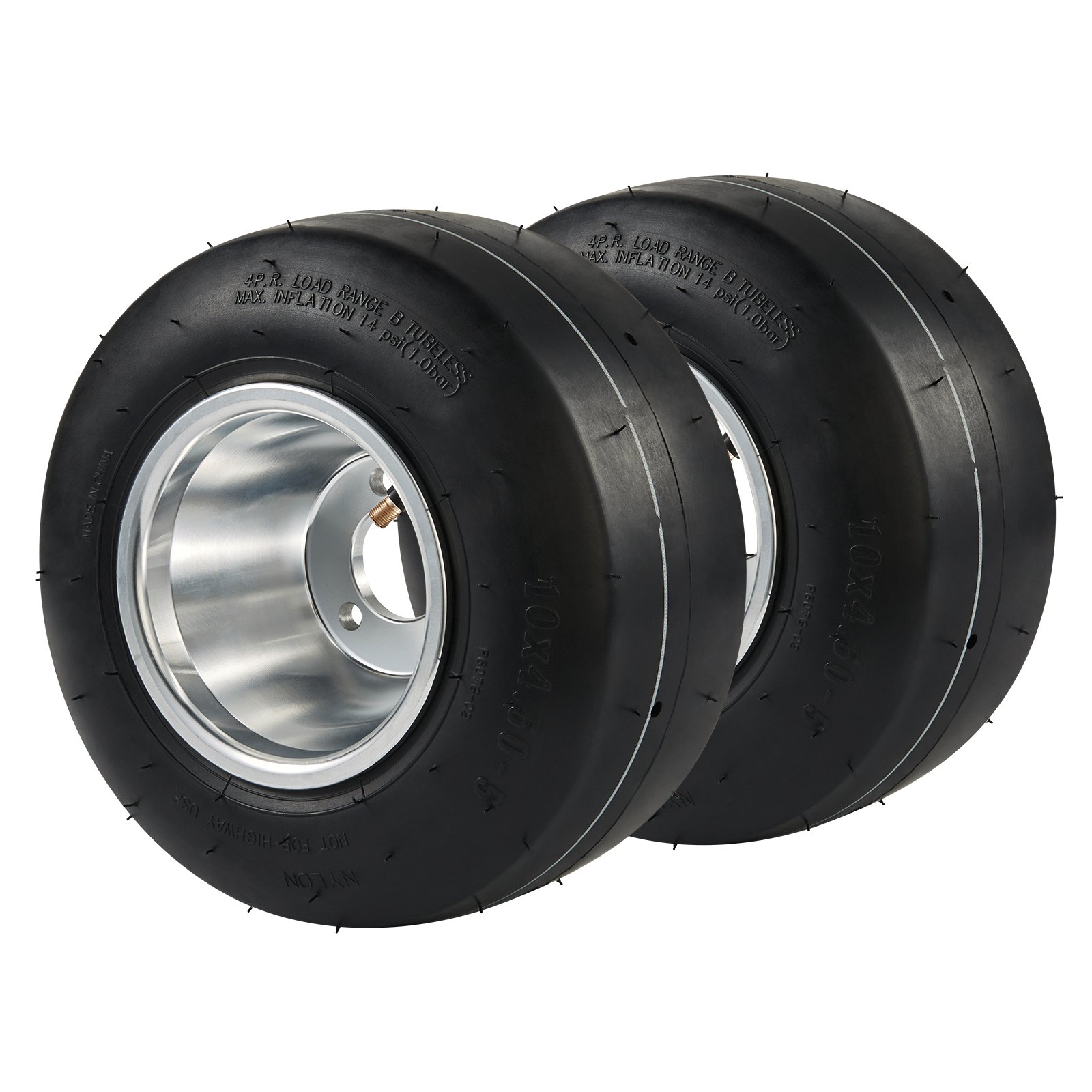 Dos neumáticos de kart VEVOR negros, sin cámara, con llantas plateadas y una banda de rodadura suave y elegante.