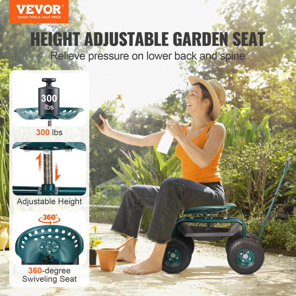 VEVOR - Carrito de jardín con ruedas, taburete de jardinería para plantar, asiento giratorio de 360 grados, carrito con asa de dirección y bandeja para herramientas, ideal para patio, jardín y exteriores, color verde